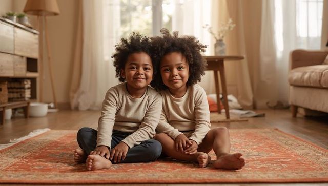 Smiling siblings sitting on warm patterned rug in cozy sunlit living room
