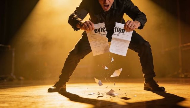 Defiant man tearing eviction notice on stage under dramatic spotlight