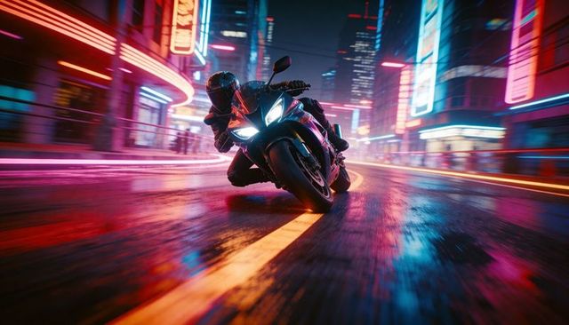 Neon night sportbike leaning through wet city streets, high-speed urban motorcycle action