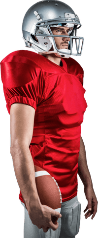 American football player holding ball in red jersey transparent background