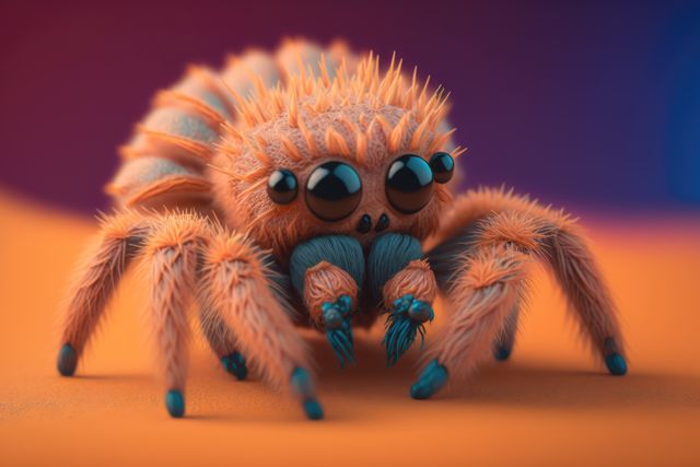Cute orange spider on orange and purple background created using generative ai technology. Animals and nature concept digitally generated image.