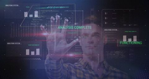 Adult male interacting with futuristic holographic interface and data analytics hud