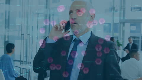 Businessman Engaged in Smartphone Call with Data Interface Overlay