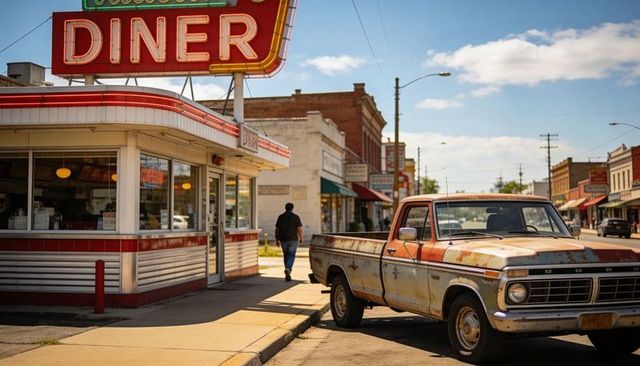 Rusty pickup truck resting on sunlit main street beside neon diner with walking man