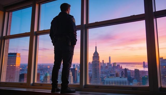Uniformed police officer standing at high-rise window observing urban skyline at sunset