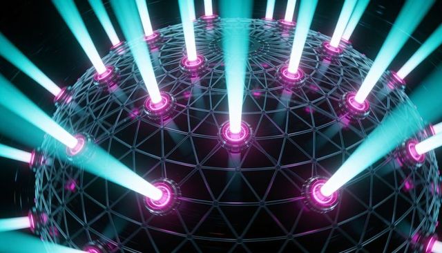 Spherical lattice projecting neon beams with cyan shafts and magenta hubs