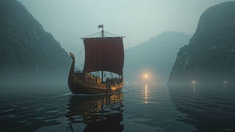 Viking Longship Navigating Misty Fjord at Dusk
