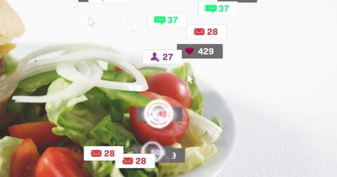 Fresh salad with social media notification overlays and cursor interaction concept