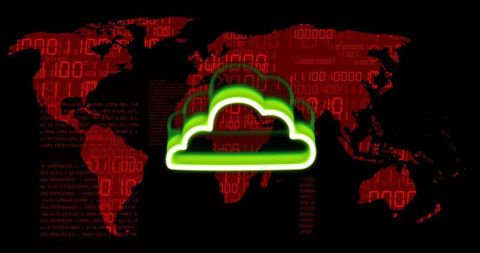 Neon green cloud icon over red binary world map representing global cyber network and security