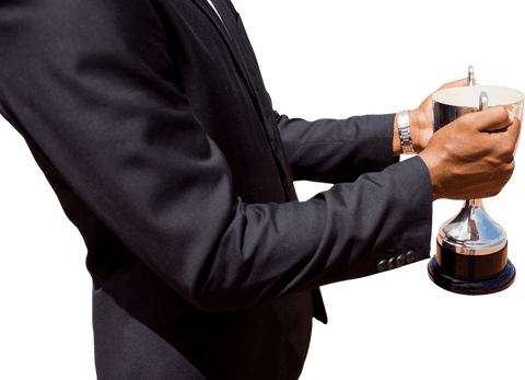 Triumphant biracial businessman holding silver trophy on transparent background