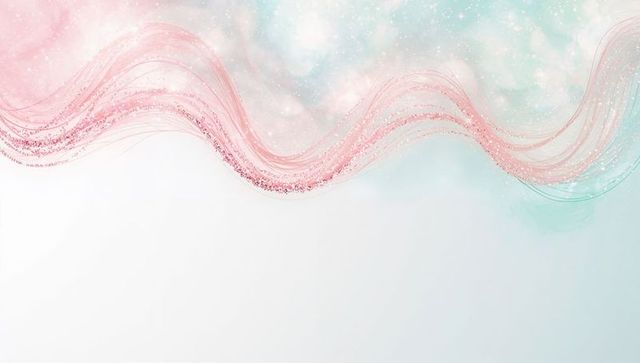 Flowing pastel ribbon with glitter and bokeh over soft turquoise and pink gradient