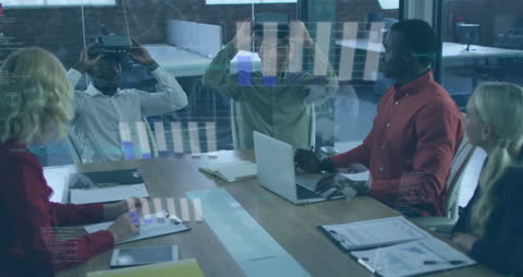 Business Meeting with VR Headset Testing and Data Overlay