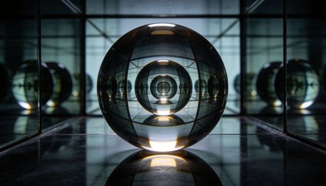 Glowing glass sphere in mirror box creating infinite symmetry, reflection and futuristic geometry