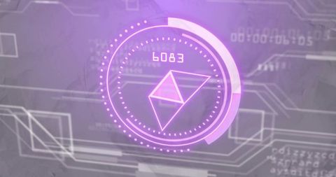 Purple holographic hud with wireframe prism and circuitry overlay for futuristic ui