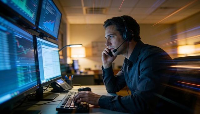 Focused trader monitoring multimonitor market data and taking call while analyzing charts