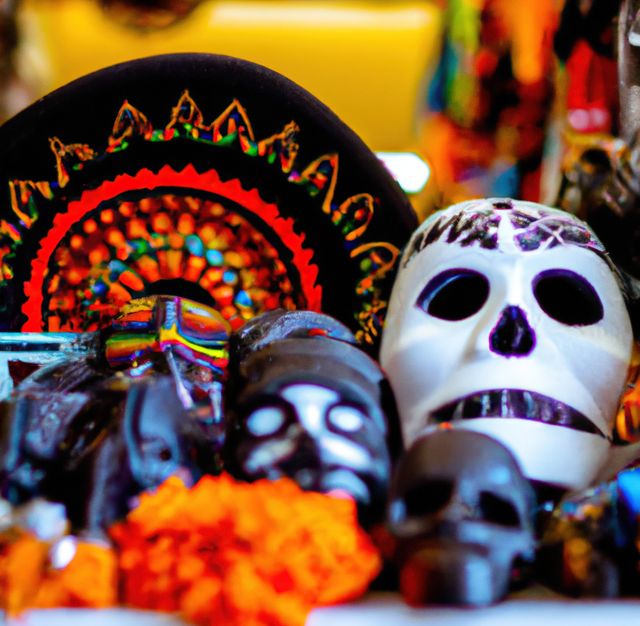 Image of close up of mexican decorated hand made vibrant coloured decorations and skulls. Mexican culture and tradition concept.