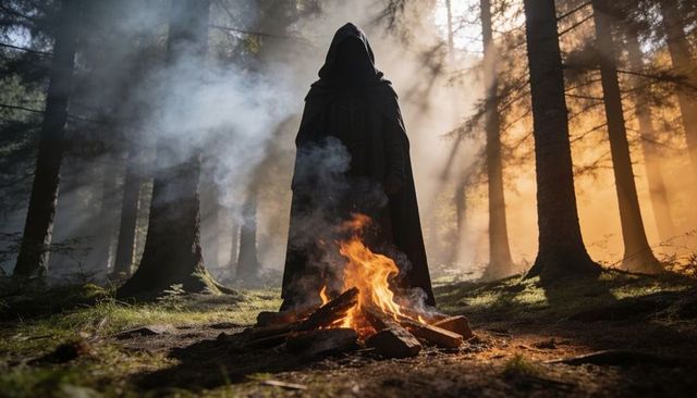 Hooded cloak figure standing behind campfire in misty pine forest at backlit dawn