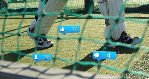 Cricketer Batting Drills with Social Media Engagement Icons