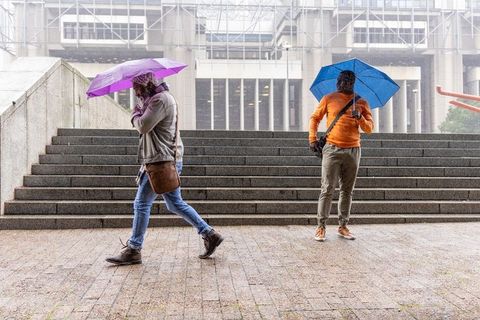 City commuters walking with purple and blue umbrellas on rainy plaza steps