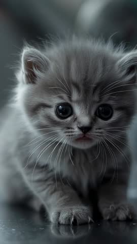 Vertical video: Grey longhaired kitten stepping on floor with wide eyes and whiskers closeup