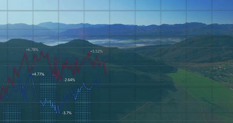 Digital Graphs Overlaying Scenic Mountain Landscape