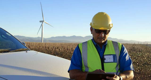 Engineer Checking Data on Tablet at Wind Farm with Turbine - Download Free Stock Images Pikwizard.com