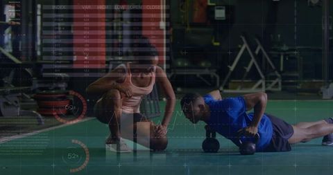 Personal Trainer Assisting Client with Push-Ups on Turf with Fitness Metrics