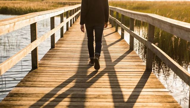 Solitary man walking away on wooden boardwalk over marshland during warm golden hour light
