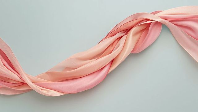 Peach pink chiffon ribbon flowing across pale gray background