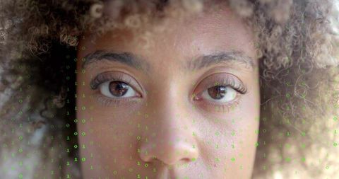 Closeup woman gazing with green binary overlay, facial recognition ai and identity concept