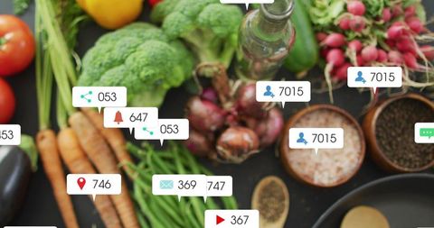 Colorful fresh vegetables with social media notifications and analytics overlays flatlay