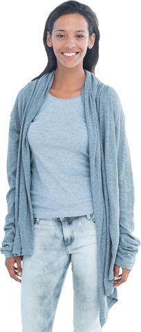 Happy Biracial Woman Smiling in Casual Fashion on Transparent Background