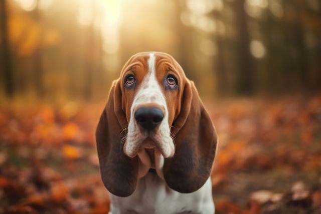 Adorable Basset Hound sitting among fallen autumn leaves in a forest. Perfect for pet-related content, seasonal campaigns, nature-themed illustrations, and advertising materials. Great for blogs, social media posts, and websites focusing on animals, wildlife, and outdoor activities in fall.
