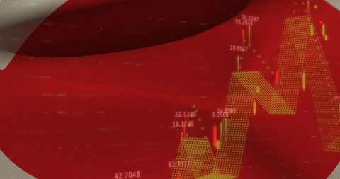 Waving Japanese Flag over Financial Data Digital Background