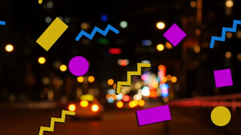 Vibrant Abstract Shapes Overlay on Blurred Night Cityscape