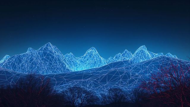 Glowing neon-blue wireframe mountains rising at night with red-lit trees, cyberpunk mesh landscape