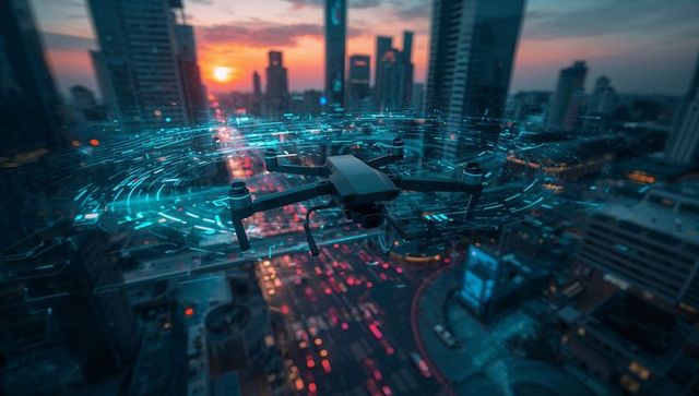 Autonomous drone hovering amid turquoise AR rings over futuristic downtown skyline at dusk
