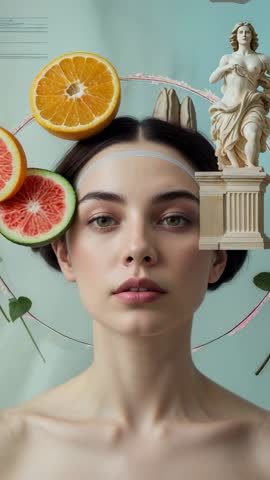 Orbiting citrus halves and classical statue circling model head in surreal vertical beauty video