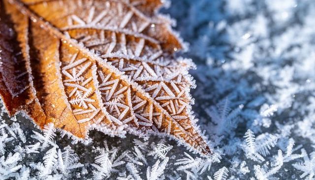 Frost-covered autumn leaf displaying intricate hoarfrost crystal patterns macro closeup