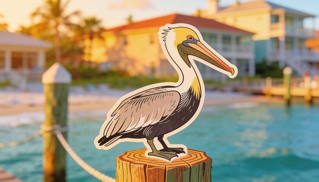 Perching die-cut pelican sticker on wooden piling at sunset marina with turquoise water