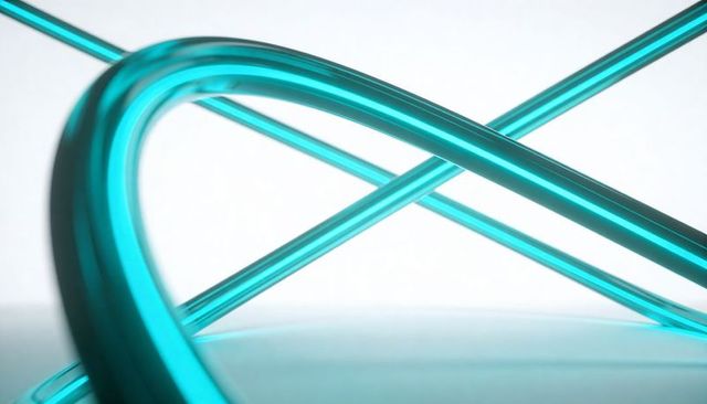 Teal glass tubes curving and crossing minimalist abstract sculpture with soft highlights