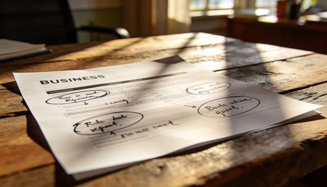 Sunlight illuminating business report with handwritten notes on rustic wooden desk