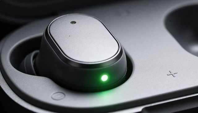 Compact wireless earbud in charging case with metal top panel and green led indicator
