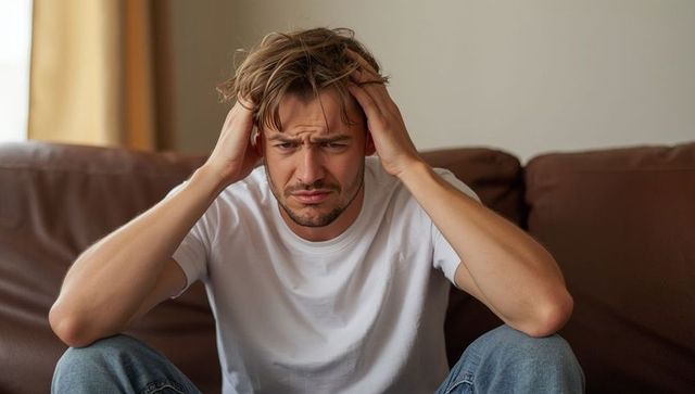 Stressed Young Man with Hands on Head Sitting on Sofa