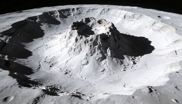 Revealing massive lunar impact crater with central peak and terraced walls, stark shadows