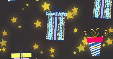 Festive Floating Gift Boxes and Stars against Dark Background