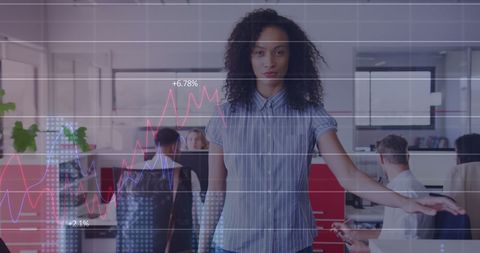 Confident Businesswoman in Modern Office with Digital Graph Overlay