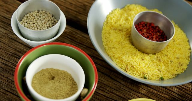 Various bowls containing different spices and yellow rice displayed on a rustic wooden table. The vibrant colors and diverse textures highlight the culinary richness and are perfect for use in food blogs, recipe websites, and culinary magazines promoting homemade cooking and traditional recipes.