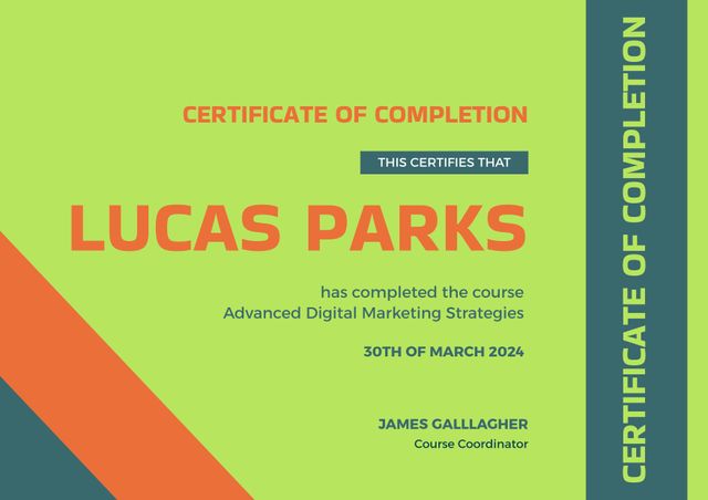 Modern and colorful certificate of completion for an advanced digital marketing course. Ideal for companies and educational institutions to recognize achievements and certifications. Can be used for awards, acknowledgments, and showing appreciation for skills gained. Highlights recipient name, completion date, and course coordinator signature for authenticity and recognition.