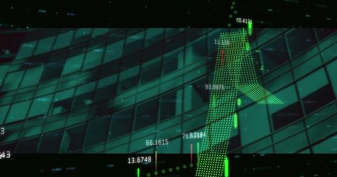 Upward trending green dotted arrow on glass facade with candlestick bars